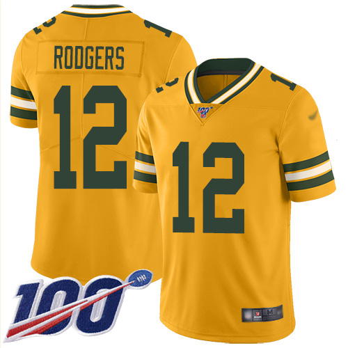 Packers #12 Aaron Rodgers Gold Men's Stitched Limited Inverted Legend 100th Season Jersey