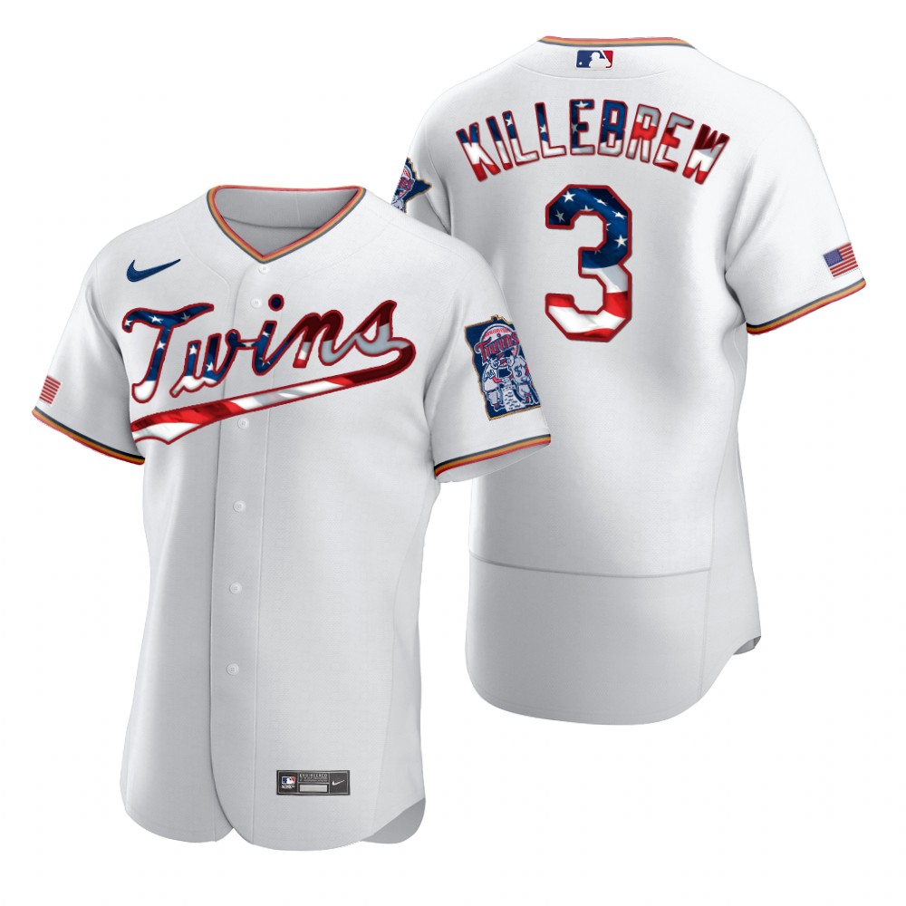 Minnesota Twins #3 Harmon Killebrew Men's White Fluttering USA Flag Limited Edition Authentic Jersey