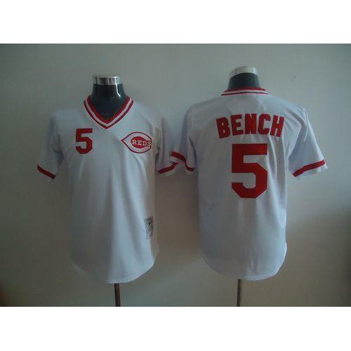 Mitchell and Ness Cincinnati Reds #5 Johnny Bench Stitched White Throwback Jersey Men's