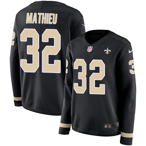 Saints #32 Tyrann Mathieu Black Team Color Women's Stitched Limited Therma Long Sleeve Jersey