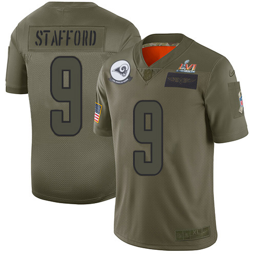 Rams #9 Matthew Stafford Camo Super Bowl LVI Patch Men's Stitched Limited 2019 Salute To Service Jersey