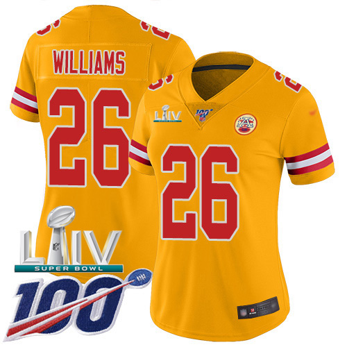 Kansas City Chiefs #26 Damien Williams Gold Super Bowl LIV 2020 Women's Stitched Limited Inverted Legend 100th Season Jersey Womens
