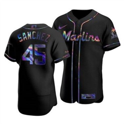 Miami Miami Marlins #45 Sixto Sanchez Men's Iridescent Holographic Collection Jersey - Black Men's
