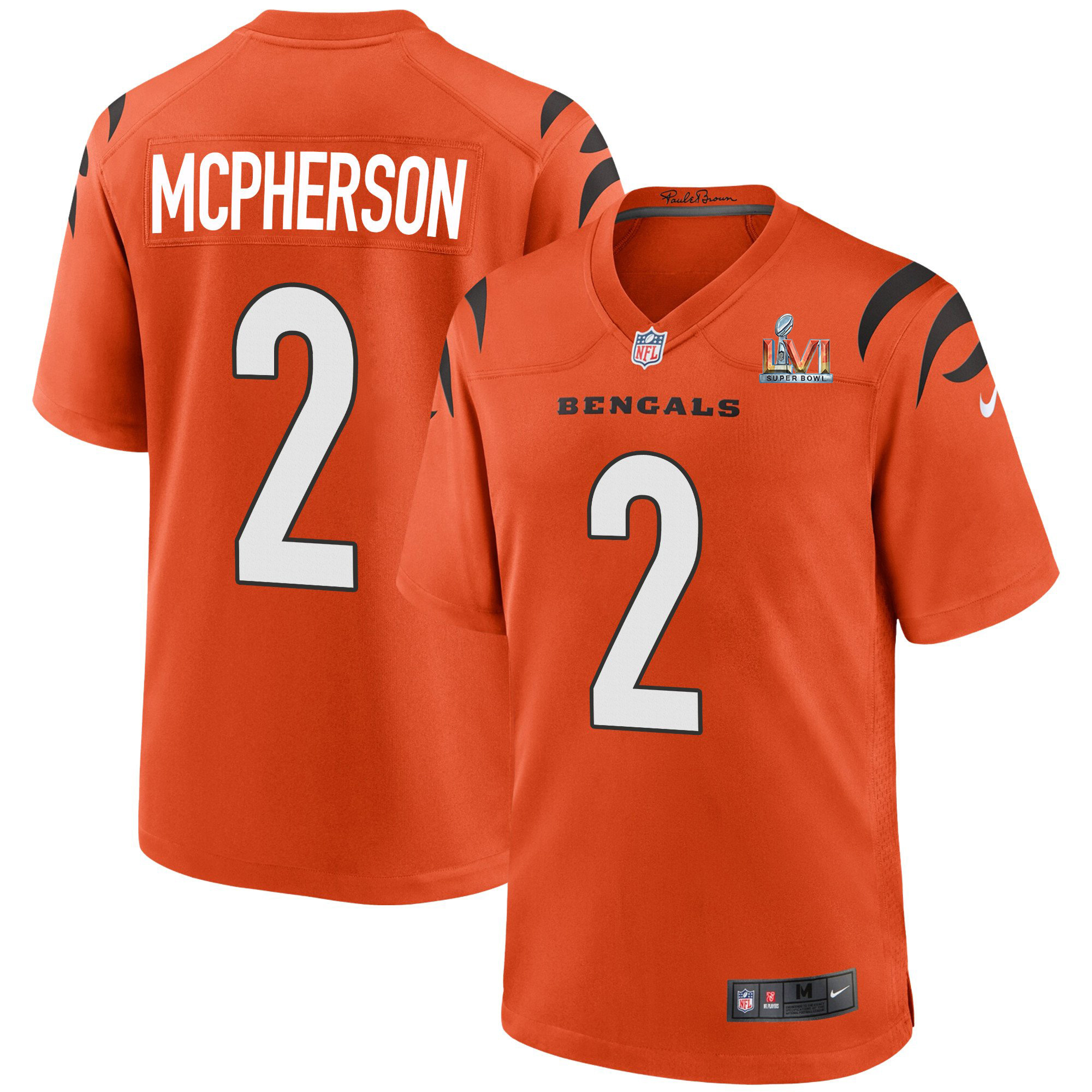 Cincinnati Bengals #2 Evan McPherson Orange Super Bowl LVI Patch Alternate Game Jersey