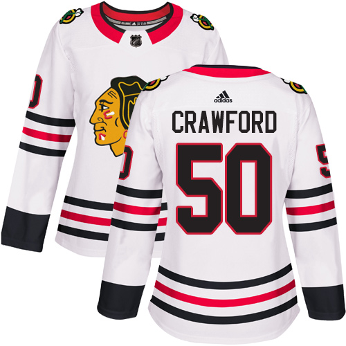 Adidas Chicago Blackhawks #50 Corey Crawford White Road Authentic Women's Stitched Jersey Womens