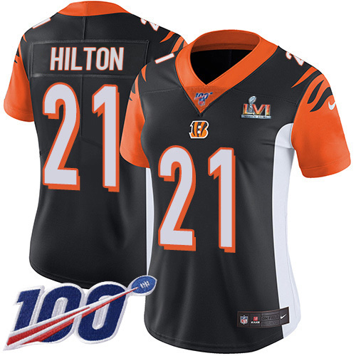Cincinnati Bengals #21 Mike Hilton Black Team Color Super Bowl LVI Patch Women's Stitched 100th Season Vapor Limited Jersey Womens