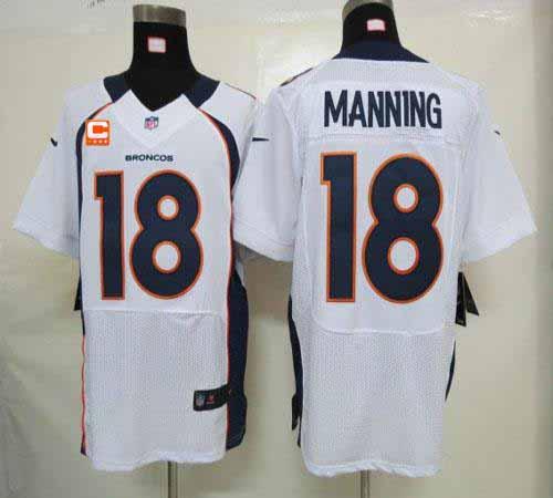 Broncos #18 Peyton Manning White With C Patch Men's Stitched Elite Jersey