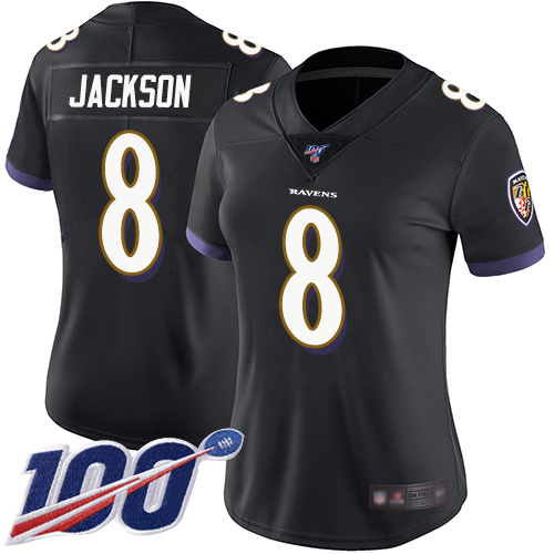 Ravens #8 Lamar Jackson Black Alternate Women's Stitched 100th Season Vapor Limited Jersey