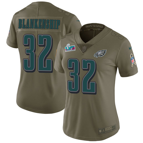 Eagles #32 Reed Blankenship Olive Super Bowl LVII Patch Women's Stitched Limited 2017 Salute To Service Jersey