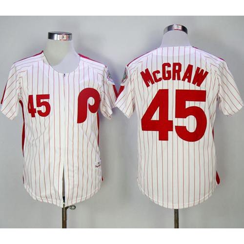 Mitchell and Ness 1983 Philadelphia Phillies #45 Tug Mcgraw White Red Strip Stitched Throwback Jersey Men's