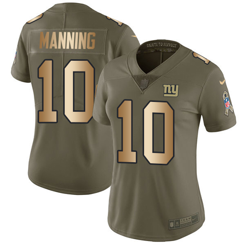 New York Giants #10 Eli Manning Olive/Gold Women's Stitched Limited 2017 Salute to Service Jersey Womens