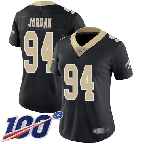 New Orleans Saints #94 Cameron Jordan Black Team Color Women's Stitched 100th Season Vapor Limited Jersey Womens