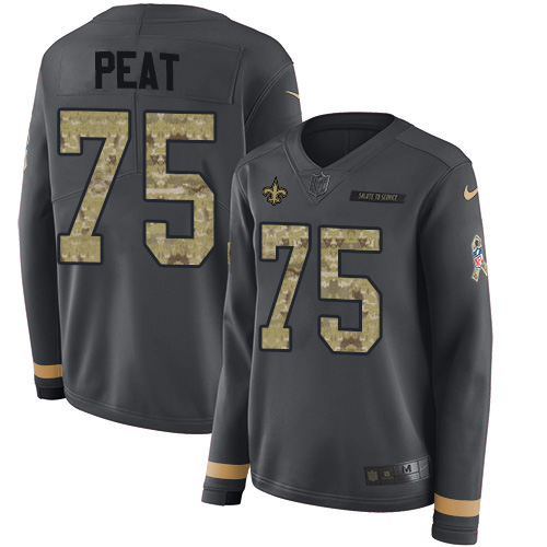 New Orleans Saints #75 Andrus Peat Anthracite Salute to Service Women's Stitched Limited Therma Long Sleeve Jersey Womens