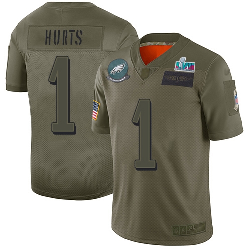 Eagles #1 Jalen Hurts Camo Super Bowl LVII Patch Men's Stitched Limited 2019 Salute To Service Jersey