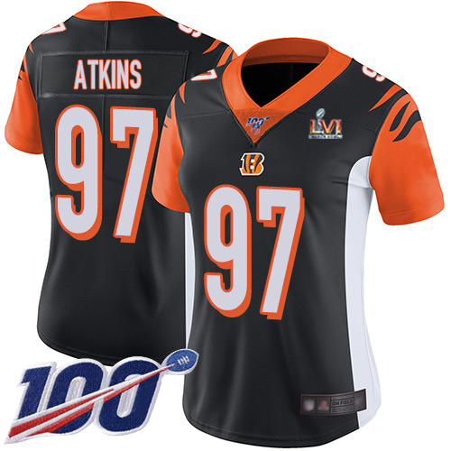 Cincinnati Bengals #97 Geno Atkins Black Team Color Super Bowl LVI Patch Women's Stitched 100th Season Vapor Untouchable Limited Jersey Womens