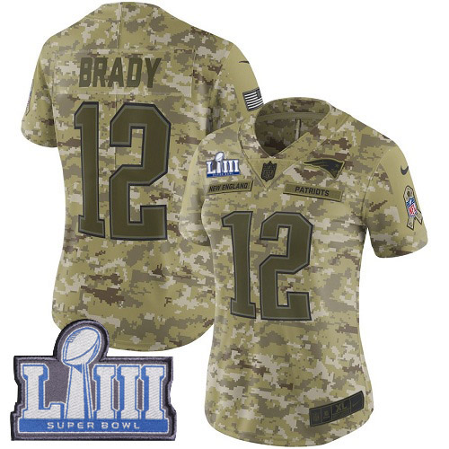 Patriots #12 Tom Brady Camo Super Bowl LIII Bound Women's Stitched Limited 2018 Salute To Service Jersey