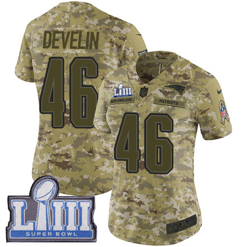 New England Patriots #46 James Develin Camo Super Bowl LIII Bound Women's Stitched Limited 2018 Salute to Service Jersey Womens