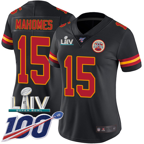 Chiefs #15 Patrick Mahomes Black Super Bowl LIV 2020 Women's Stitched Limited Rush 100th Season Jersey