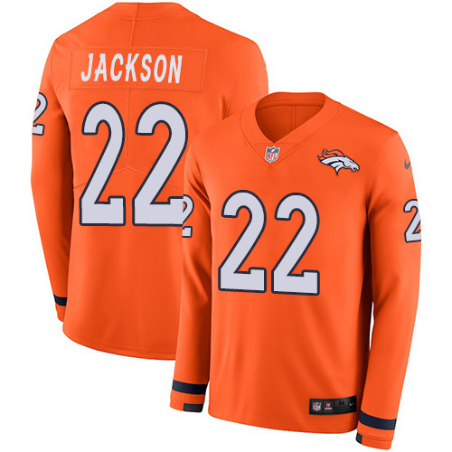 Men's Denver Broncos #22 Kareem Jackson Orange Team Color Men's Stitched Limited Therma Long Sleeve Jersey Men's