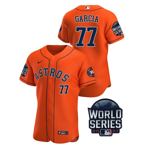 Houston Astros #77 Luis Garcia Men's 150th Anniversary 2021 World Series Authentic Jersey - Orange