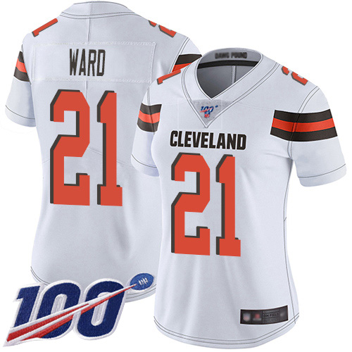 Browns #21 Denzel Ward White Women's Stitched 100th Season Vapor Limited Jersey