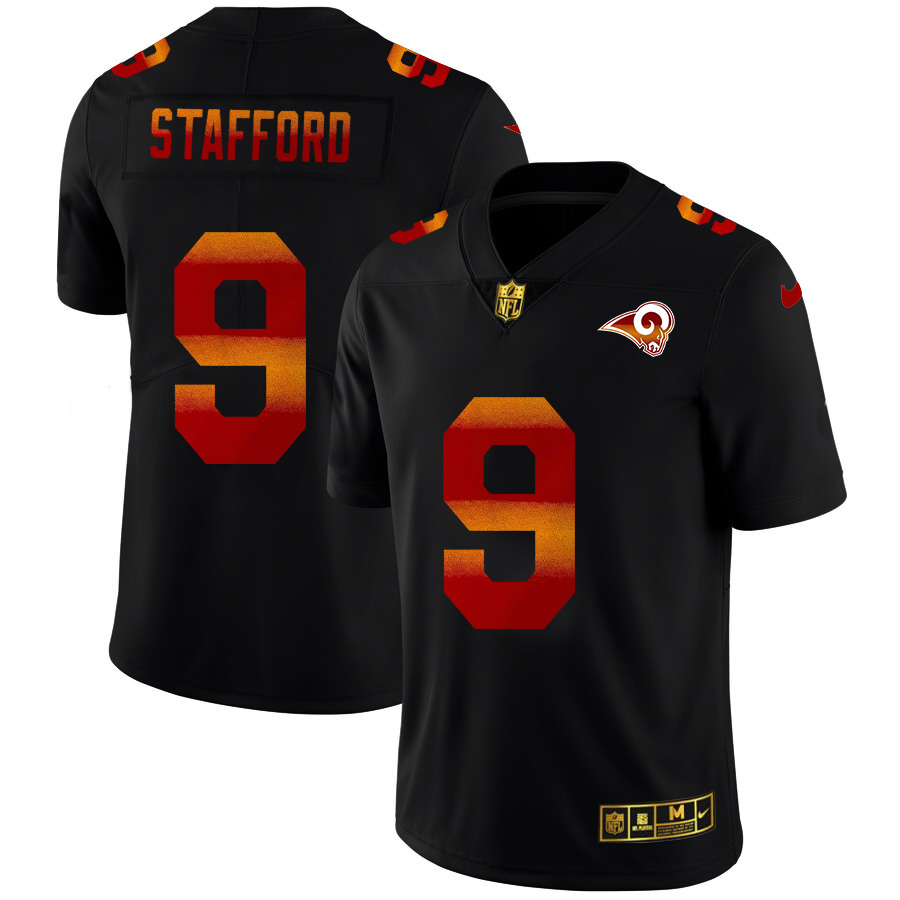Los Angeles Rams #9 Matthew Stafford Men's Black Red Orange Stripe Vapor Limited Jersey