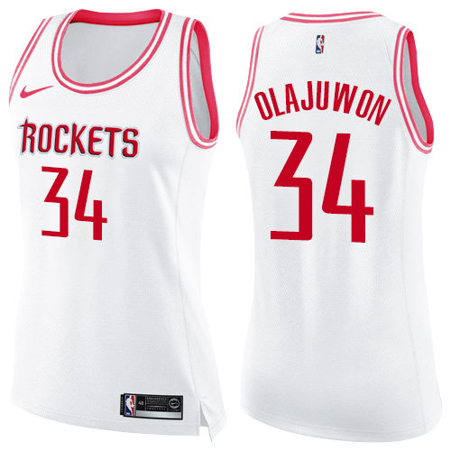 Houston Rockets #34 Hakeem Olajuwon White/Pink Womens Swingman Fashion Jersey Womens