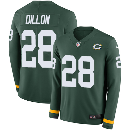 Packers #28 AJ Dillon Green Team Color Men's Stitched Limited Therma Long Sleeve Jersey