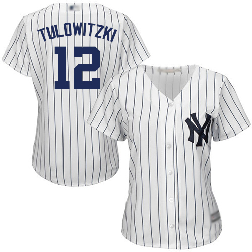 New York Yankees #12 Troy Tulowitzki White Strip Home Women's Stitched Jersey Womens