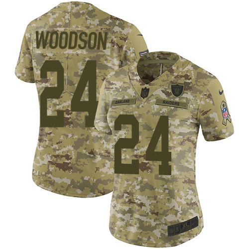 Raiders #24 Charles Woodson Camo Women's Stitched Limited 2018 Salute To Service Jersey