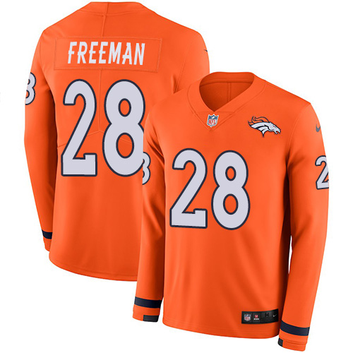 Denver Broncos #28 Royce Freeman Orange Team Color Men's Stitched Limited Therma Long Sleeve Jersey Men's
