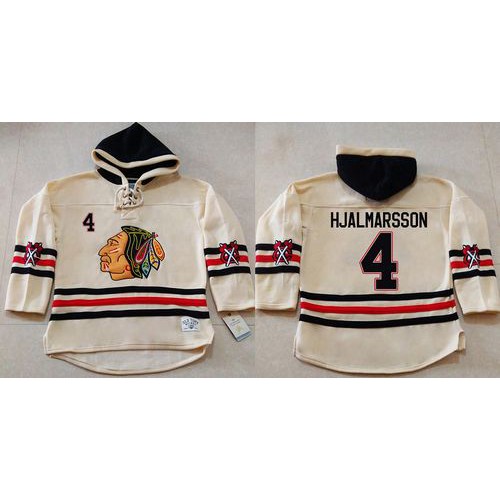 Chicago Blackhawks #4 Niklas Hjalmarsson Cream Heavyweight Pullover Hoodie Stitched Jersey Men's