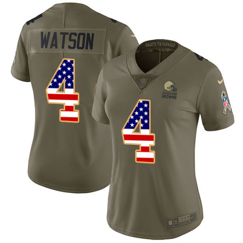 Browns #4 Deshaun Watson Olive/USA Flag Women's Stitched Limited 2017 Salute To Service Jersey