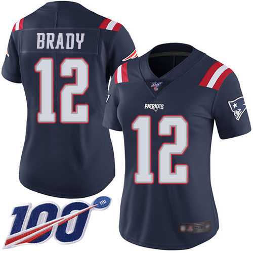 Patriots #12 Tom Brady Navy Blue Women's Stitched Limited Rush 100th Season Jersey