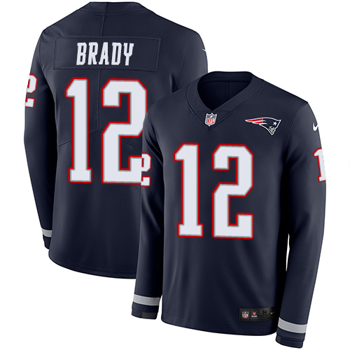 Patriots #12 Tom Brady Navy Blue Team Color Youth Stitched Limited Therma Long Sleeve Jersey
