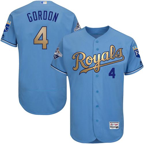 Kansas City Royals #4 Alex Gordon Light Blue FlexBase Authentic 2015 World Series Champions Gold Program Stitched Jersey Men's