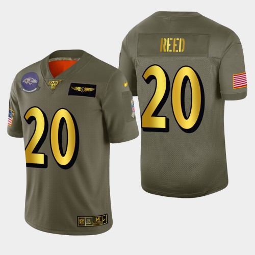 Baltimore Baltimore Ravens #20 Ed Reed Men's Olive Gold 2019 Salute to Service Limited 100 Jersey Men's