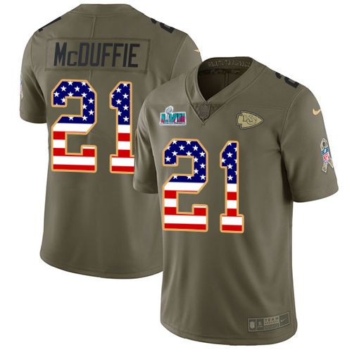 Chiefs #21 Trent McDuffie Olive/USA Flag Super Bowl LVII Patch Men's Stitched Limited 2017 Salute To Service Jersey