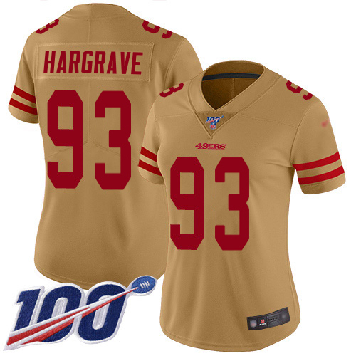49ers #93 Javon Hargrave Gold Women's Stitched Limited Inverted Legend 100th Season Jersey