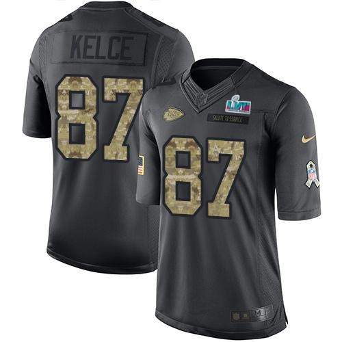 Chiefs #87 Travis Kelce Black Super Bowl LVII Patch Men's Stitched Limited 2016 Salute To Service Jersey