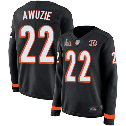 Cincinnati Bengals #22 Chidobe Awuzie Black Team Color Super Bowl LVI Patch Women's Stitched Limited Therma Long Sleeve Jersey Womens