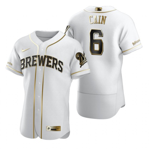 Milwaukee Milwaukee Brewers #6 Lorenzo Cain White Men's Authentic Golden Edition Jersey Men's