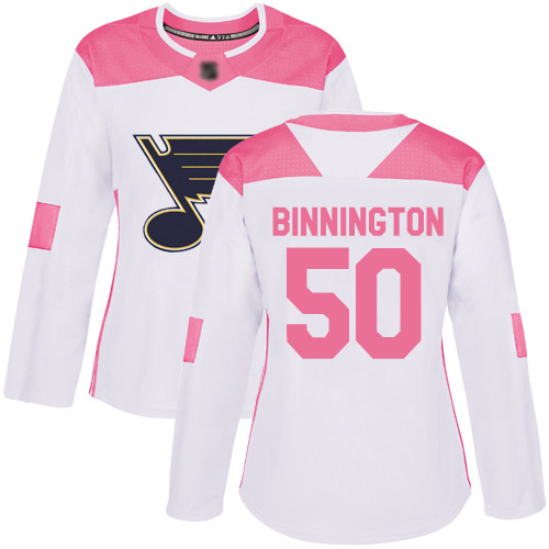 Adidas St. Louis Blues #50 Jordan Binnington White/Pink Authentic Fashion Women's Stitched Jersey Womens