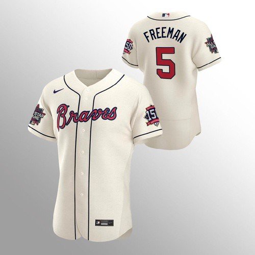 Atlanta Atlanta Braves #5 Freddie Freeman Men's 150th Anniversary 2021 World Series Authentic Jersey - Cream Men's
