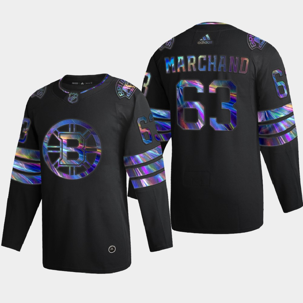 Washington Bruins #63 Brad Marchand Men's Iridescent Holographic Collection Jersey - Black