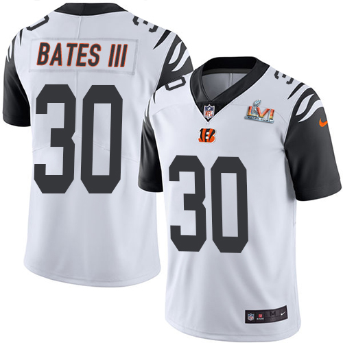 Bengals #30 Jessie Bates III White Super Bowl LVI Patch Men's Stitched Limited Rush Jersey