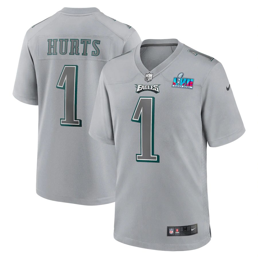 Philadelphia Eagles #1 Jalen Hurts Men's Super Bowl LVII Patch Atmosphere Fashion Game Jersey - Gray