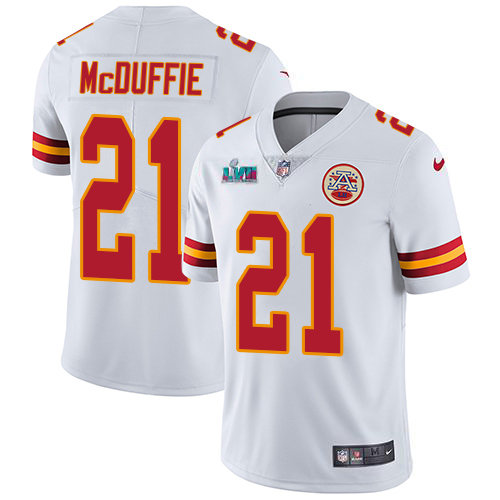 Chiefs #21 Trent McDuffie White Super Bowl LVII Patch Men's Stitched Vapor Untouchable Limited Jersey