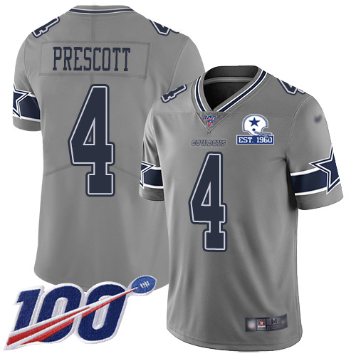 Cowboys #4 Dak Prescott Gray Men's Stitched With Established In 1960 Patch Limited Inverted Legend 100th Season Jersey
