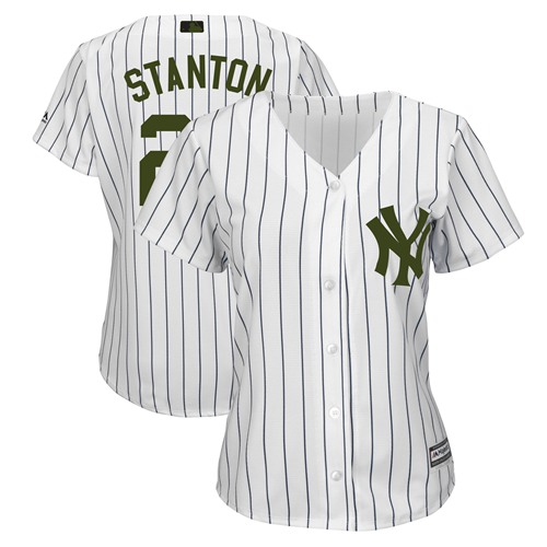 New York Yankees #27 Giancarlo Stanton White Strip 2018 Memorial Day Cool Base Women's Stitched Jersey Womens
